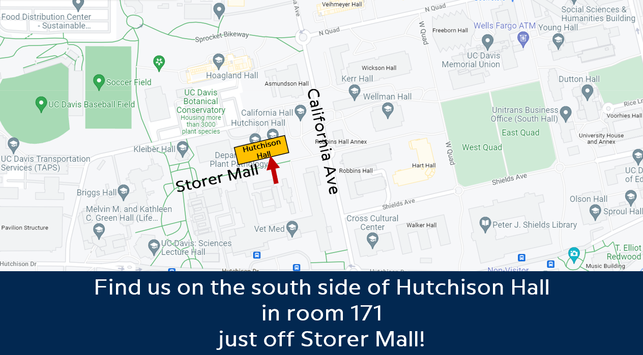 Map showing location of Health TEAM Lab. Hutchison 171 off Arbor Mall, just west of California Ave.